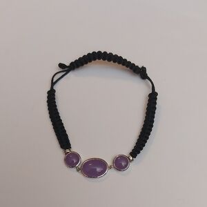 925 China Macrame Bracelet Adorned with 3 Purple Cabochon Inlaid in Silver Frame